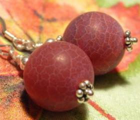 Fire agate and sterling silver earrings, gemstone jewelry, Deep Burgundy Red matte fire agate gemstone and sterling silver earrings