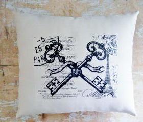 Paris Pillow, Skeleton Keys, Eiffel Tower, French Country Home, French Decor, Cottage Decor