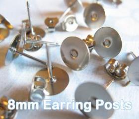 100pcs Surgical Stainless Steel 8mm Flat-Pad Earring Posts and Backs