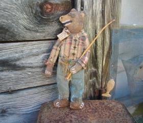 Primitive Folk Art Bear with Fishing Pole - Country, Lodge or Cabin Decor