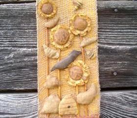 Primitive Burlap Wall Hanging - Sunflowers, Bees Skep and Crow - Cinnamon Stick and Jute Hanger