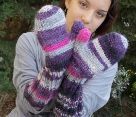Extra long mittens purple grey gray hand knitted gloves warm bulky wool chunky yarn wrist arm warmer gauntlets soft fluffy organic