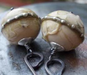 Tangled Vines, glass silver earrings, organic lampwork beads forged dark oxidized sterling silver, long rustic coffee latte beige sand sage