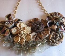 Yo Yo Bib Necklace Brown and Beige Floral