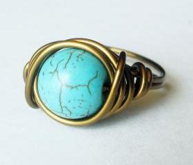 10mm Turquoise Cocktail Ring in Antique Brass Custom Size