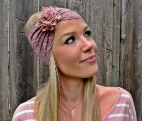 Wide Stretch Lace Headband in Taupe Mocha Brown with Detachable Flower Brooch in Pink Floral Print