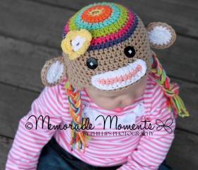 Crochet Rainbow Colorful Sock Monkey Hat Newborn to Toddler sizing Photography prop
