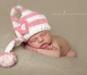 Crochet Newborn Pink Stripe Long Tail Pixie Elf Hat Photography Prop