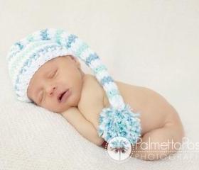 Crochet Blue Stripe Long Tail Pixie Elf Hat Photography Prop