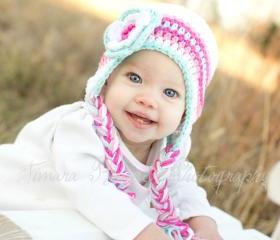 Crochet Pink and Turquoise Earflap Hat Newborn to Toddler sizing Photography prop