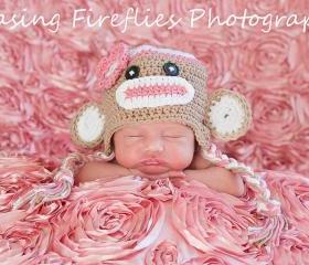Crochet Pink Sock Monkey Hat Newborn to Toddler sizing Photography prop