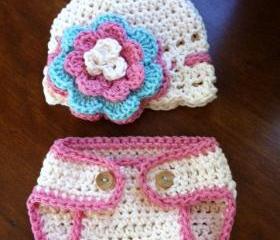 Crochet Pink Hat and Diaper Cover Set Newborn Photography prop