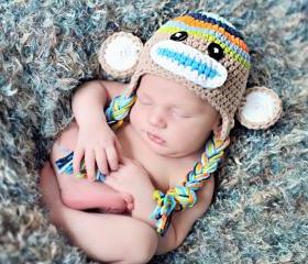 Crochet Boys Stripe Sock Monkey Hat Newborn to Toddler sizing Photography prop