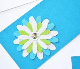 Gift Tags - 6 Tabriz Blue & Bright White Glitter Paper Flowers with Vintage Sequins