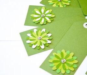 Gift Tags - 6 Shimmery Fairway Green & Chartreuse Glitter Paper Flowers with Vintage Sequins