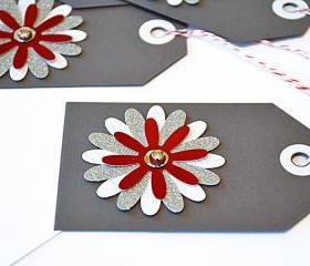 Gift Tags - 6 Star Bright Red & Silver Glitter Paper Flowers with Vintage Sequins