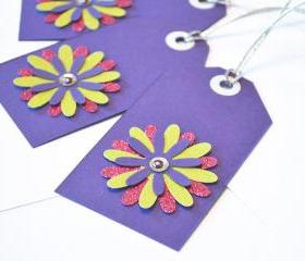 Gift Tags - 6 Plumstastic Purple & Shimmering Lime Green Glitter Paper Flowers with Vintage Sequins