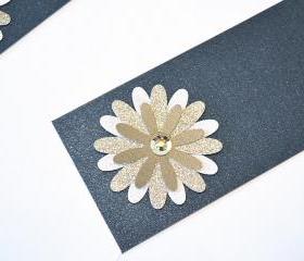 Gift Tags - 6 Sparkling Sapphire & Satin Silver Glitter Paper Flowers with Vintage Sequins