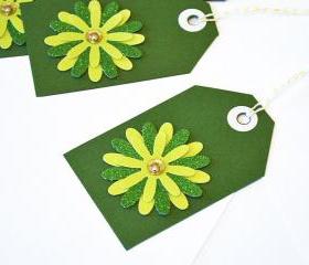 Gift Tags - 6 Grass Green Glitter Paper Flowers with Vintage Sequins