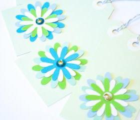 Gift Tags - 6 Pistachio Glitter Paper Flowers with Vintage Sequins
