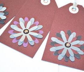 Gift Tags - 6 Sparkling Merlot Glitter Paper Flowers with Vintage Sequins