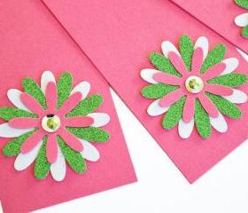 Gift Tags - 6 Hot Pink & Lime Green Glitter Paper Flowers with Vintage Sequins