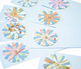 Gift Tags - 6 Aquamarine Shimmering Glitter Paper Flowers with Vintage Sequins