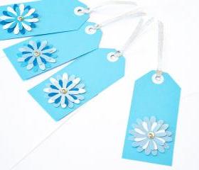 Gift Tags - 6 Powder Blue & Bright White Glitter Paper Flowers with Vintage Sequins
