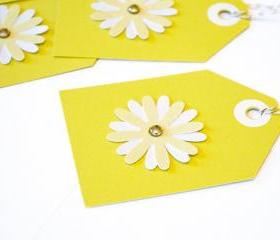 Gift Tags - 6 Chartreuse Glitter Paper Flowers with Vintage Sequins