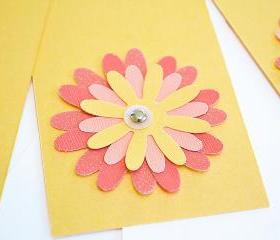Gift Tags - 6 Shimmering Amber & Glitter Pink Glitter Paper Flowers with Vintage Sequins