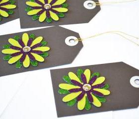 Gift Tags - 6 Lime Green & Purple Glitter Paper Flowers with Vintage Sequins