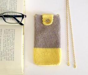 Crochet eyeglass case, phone case with detachable chain. Sand and yellow cotton yarn.