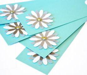 Gift Tags - 6 Shimmering Blue Lagoon & Satin Silver Glitter Paper Flowers with Vintage Sequins