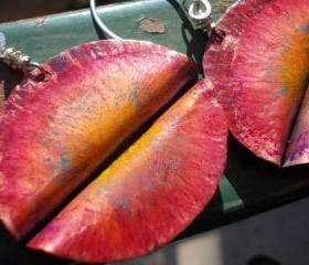 Copper and sterling silver earrings Organic Leaves Handforged fold formed colored copper leaf, the primitive line, ancient metal art