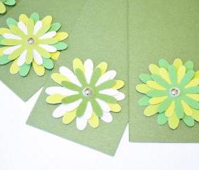 Gift Tags - 6 Shimmering Shamrock Green Glitter Paper Flowers with Vintage Sequins