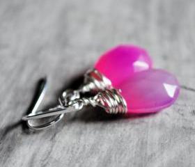 Hot Pink Earrings Chalcedony Wire Wrapped Sterling Silver Gemstones