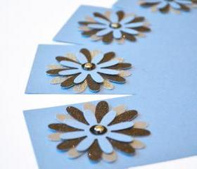 Gift Tags - 6 Sparkling Black & Sapphire Blue Silver Glitter Paper Flowers with Vintage Sequins