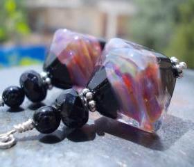 Black opal earrings glass silver earrings handmade artist lampwork beads diamond topaz amber misty creamy blue sterling silver earrings