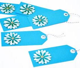 Gift Tags - 6 Aqua & Powder Blue Glitter Paper Flowers with Vintage Sequins