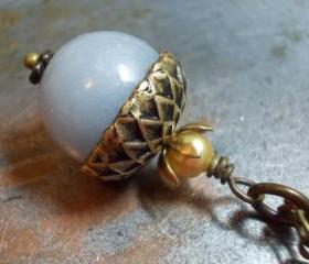 Angel blue acorn necklace beaded oxidized antiqued brass and natural angelite gemstone bead nature inspired vintage chic jewelry
