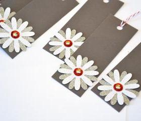 Gift Tags - 6 Mini White Glitter & Silver Glitter Paper Flowers with Vintage Sequins