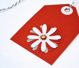 Gift Tags - 6 Valentine Red & Silver Glitter Paper Flowers with Vintage Sequins