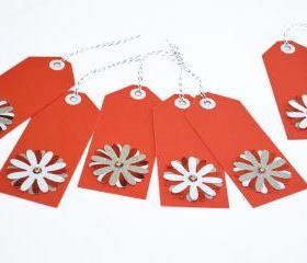 Gift Tags - 6 Brilliant Red & Snow White Glitter Paper Flowers with Vintage Sequins