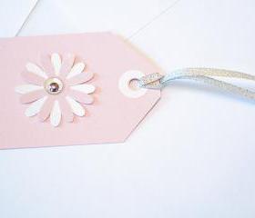 Gift Tags - 6 Pale Pink Glitter Paper Flowers with Vintage Sequins