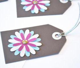 Gift Tags - 6 Baby Blue, Snow White & Magenta Glitter Paper Flowers with Vintage Sequins