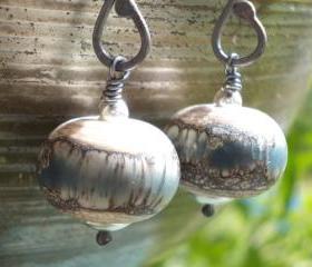 Denim on ivory glass and silver earrings lampwork beads forged dark oxidized sterling silver organic long rustic steel blue earrings