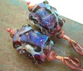 Ice Drops, long earrings handmade artist lampwork glass beads rustic handforged solid copper primitive slender ancient metal art unisex