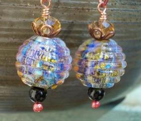 Opal Berries, earrings lampwork beads black onyx purple blue amber long solid copper hammered forged rosey almond earwires fruit berry pods