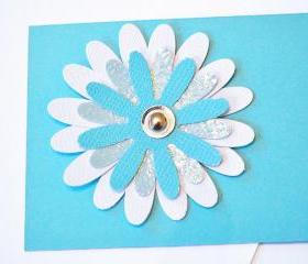 Gift Tags - 6 Turquoise & Bright White Glitter Paper Flowers with Vintage Sequins