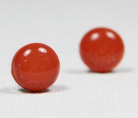 Fiesta Red Sparkle Posts - Stud Earrings - Round Studs Orange Earrings - Handmade Polymer Clay Posts Jewelry